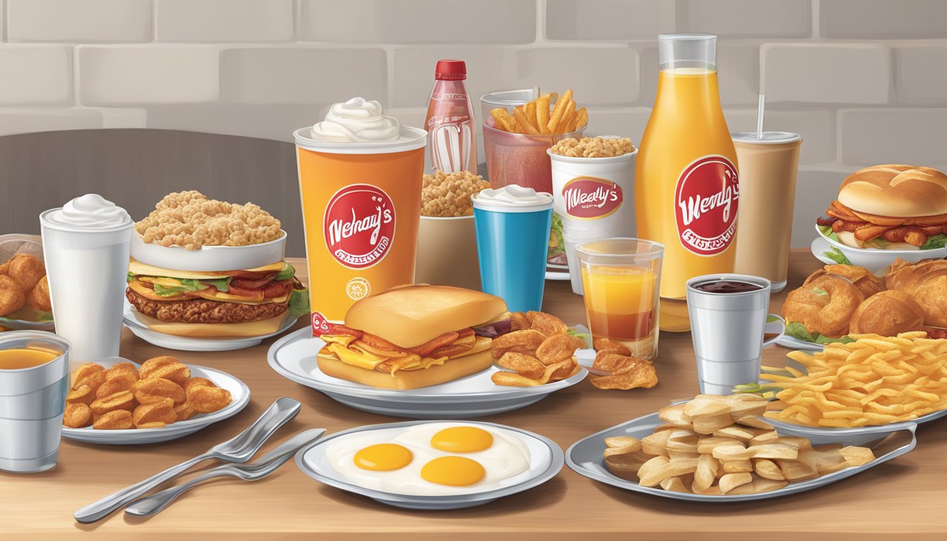 A table set with a variety of breakfast foods and drinks, with the Wendy's logo prominently displayed in the background