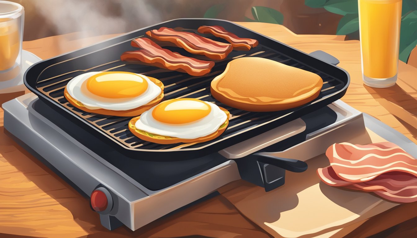 A sizzling hot griddle with bacon, eggs, and a juicy sausage patty surrounded by a golden toasted bun, all bathed in the warm morning sunlight