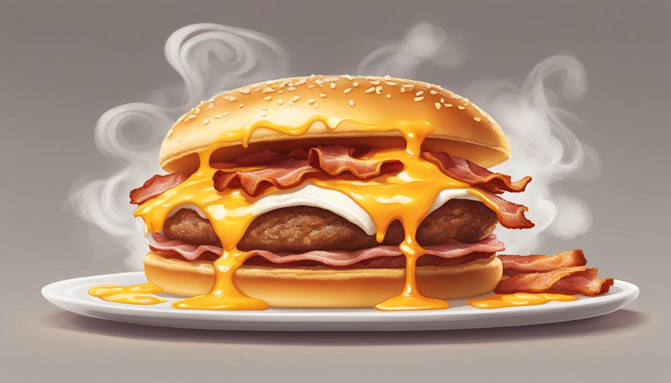 A sizzling hot Breakfast Baconator sits on a plate surrounded by a halo of steam, with the aroma of crispy bacon and melted cheese filling the air