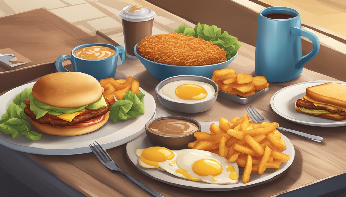 A table set with a variety of Wendy's breakfast items, including sandwiches, coffee, and hash browns, with a warm, inviting atmosphere