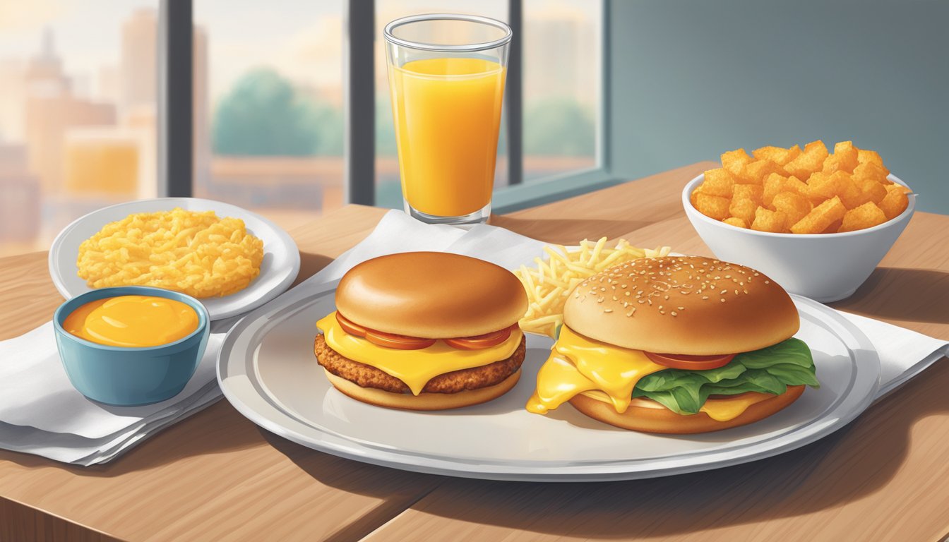 A glass of orange juice sits next to a breakfast spread of Wendy's food items, including a breakfast sandwich and hash browns