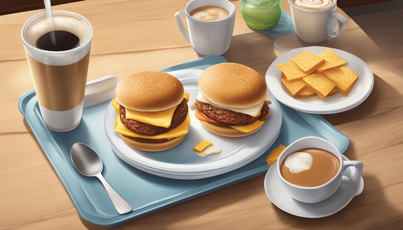 A table set with a tray of Wendy's breakfast items, including a frosty-ccino, ready to be enjoyed at home