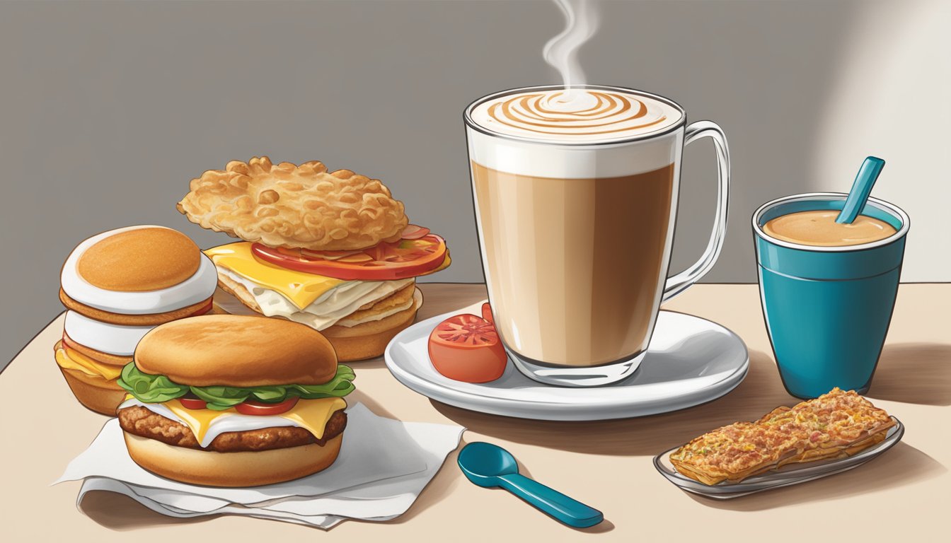 A steaming vanilla latte sits next to a spread of breakfast items from Wendy's, including a breakfast sandwich and hash browns