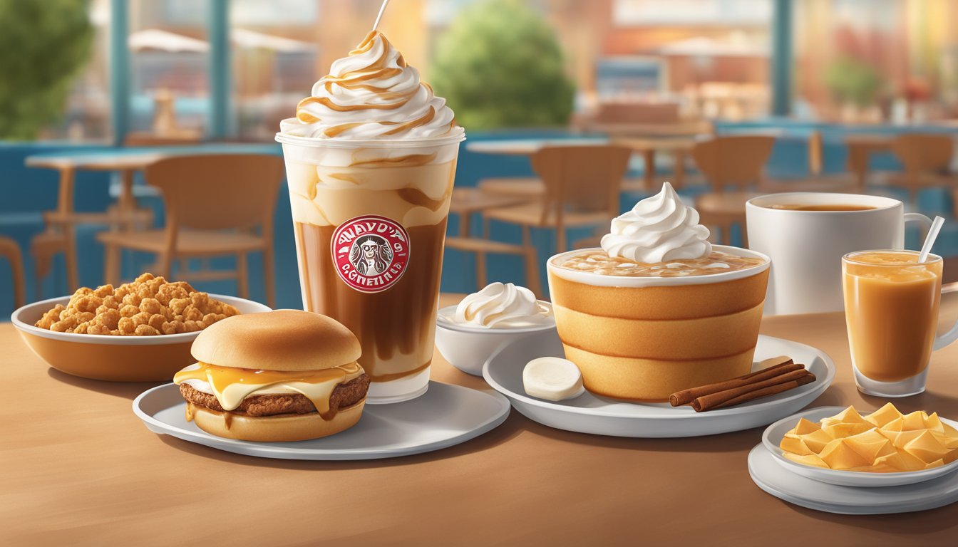 A vibrant iced caramel macchiato sits next to a spread of delicious breakfast items from Wendy's, creating an inviting and appetizing scene