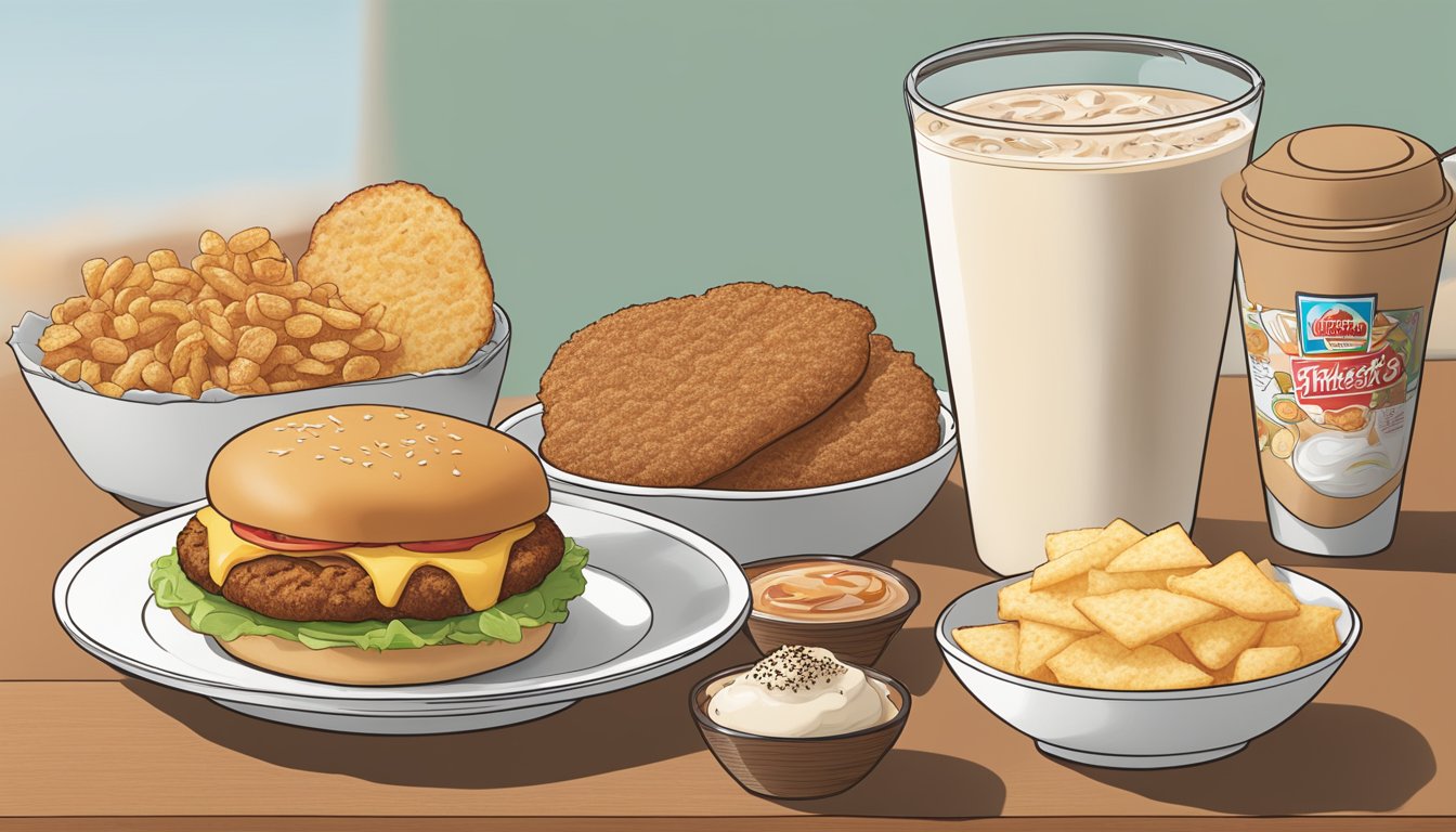 A steaming chai tea latte sits next to a spread of breakfast items from Wendy's, including a breakfast sandwich and hash browns