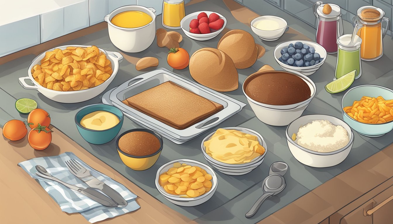 A kitchen counter with various ingredients and utensils laid out for making Wendy's breakfast items at home