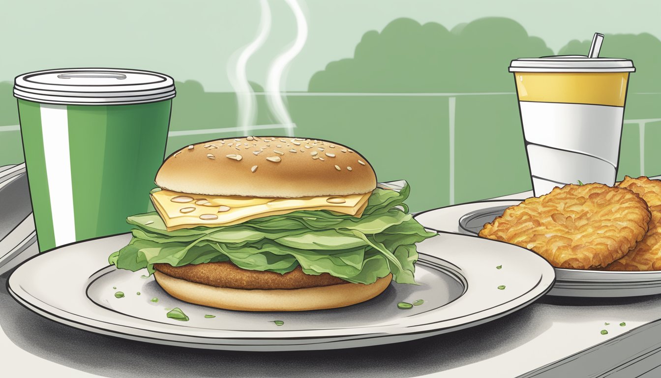 A steaming cup of green tea sits next to a spread of breakfast items from Wendy's, including a breakfast sandwich and hash browns