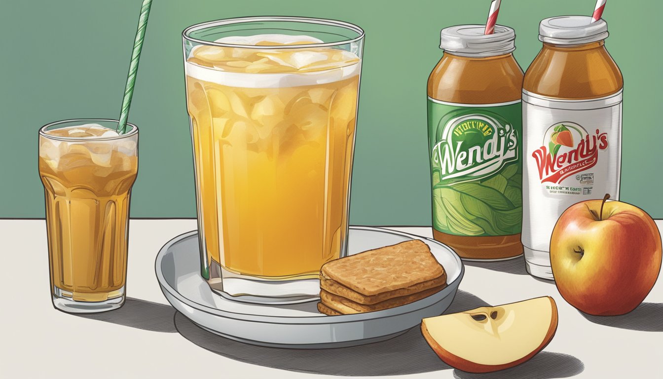 A glass of apple juice sits next to a breakfast spread from Wendy's, surrounded by a variety of other beverages