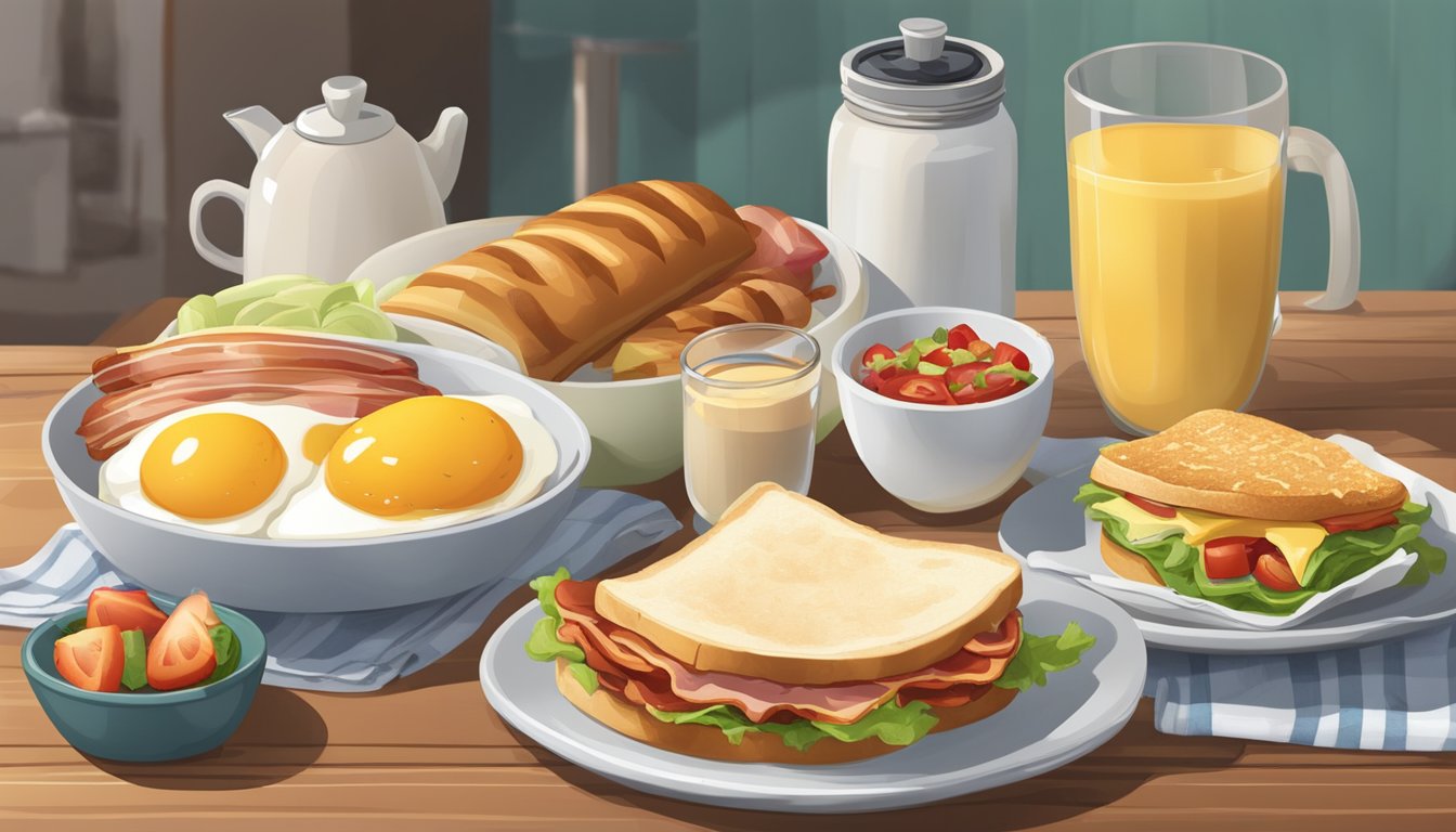 A cozy kitchen with a spread of homemade breakfast items, including a bacon and egg sandwich, a breakfast burrito, and a fresh fruit salad