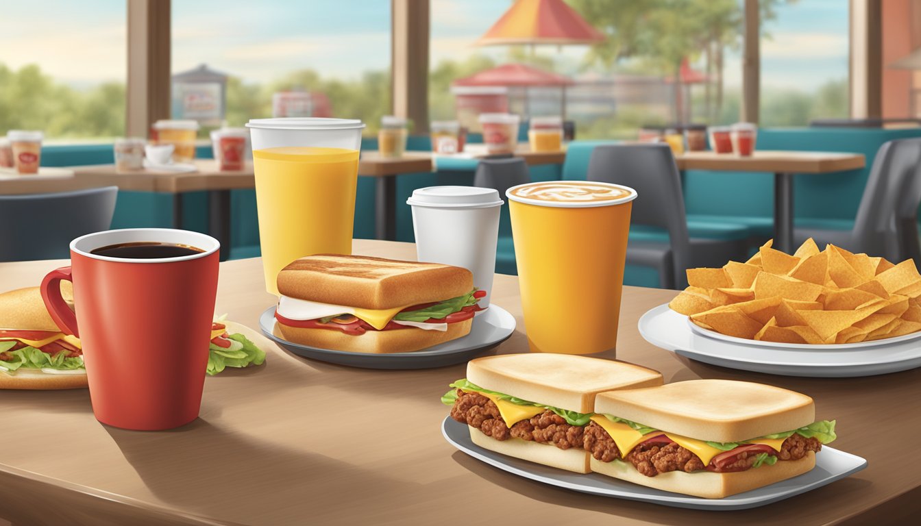 A table set with a variety of Wendy's breakfast items, including sandwiches, burritos, and coffee, arranged in an appetizing display