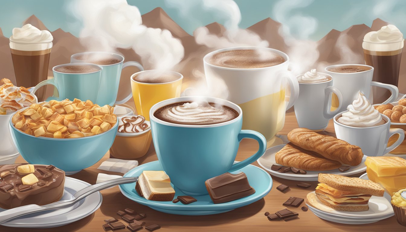 Steam rising from a mug of hot chocolate, surrounded by a spread of breakfast items from Wendy's