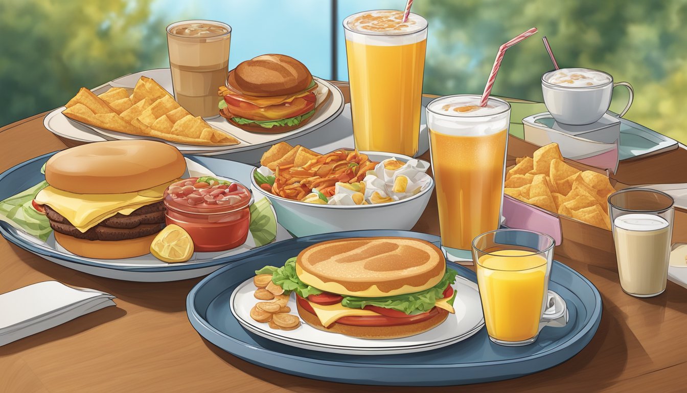 A table set with a variety of Wendy's breakfast items and 10 different drinks, showcasing the perfect pairings for a delicious morning meal