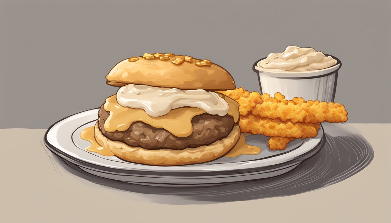 A juicy sausage patty topped with creamy gravy and sandwiched between two fluffy biscuits, accompanied by a side of golden, crispy hash browns