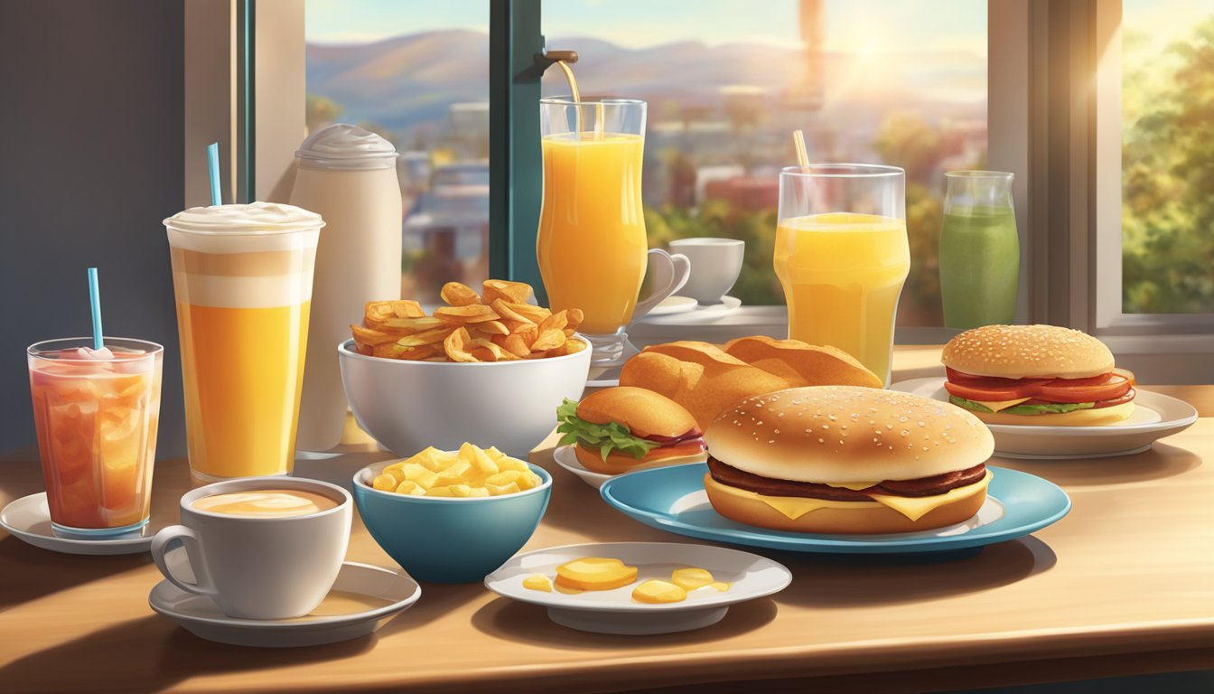 A table set with a variety of Wendy's breakfast items and a selection of 10 different drinks, with the morning sunlight streaming in through a window