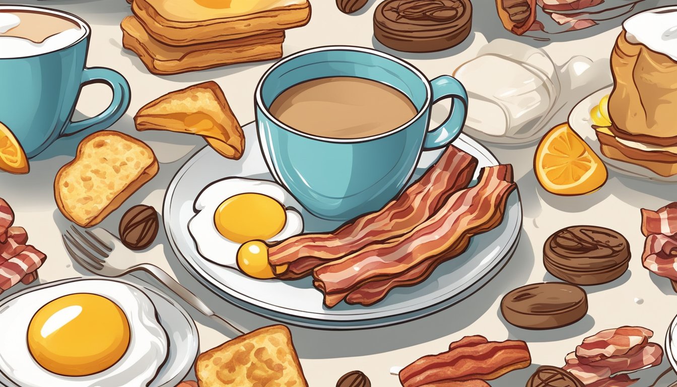 A coffee cup with bacon and eggs floating inside, surrounded by whimsical breakfast items