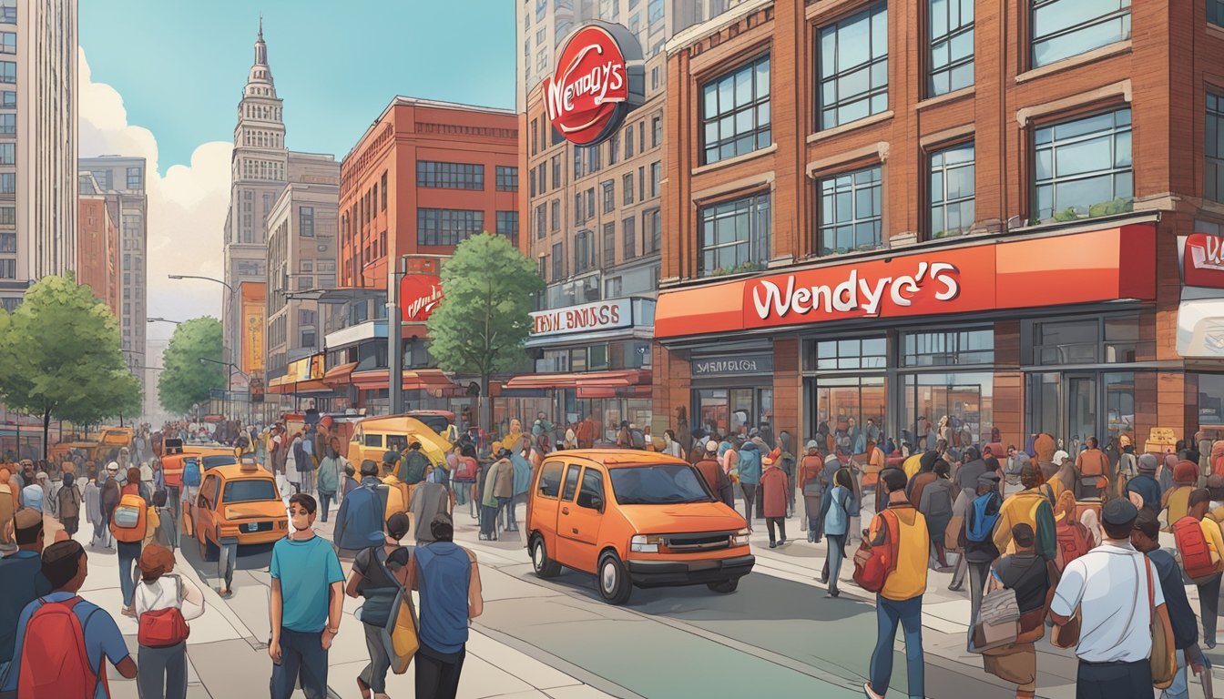 A bustling cityscape with the iconic Wendy's logo prominently displayed, surrounded by morning commuters and breakfast seekers in Cleveland, Ohio