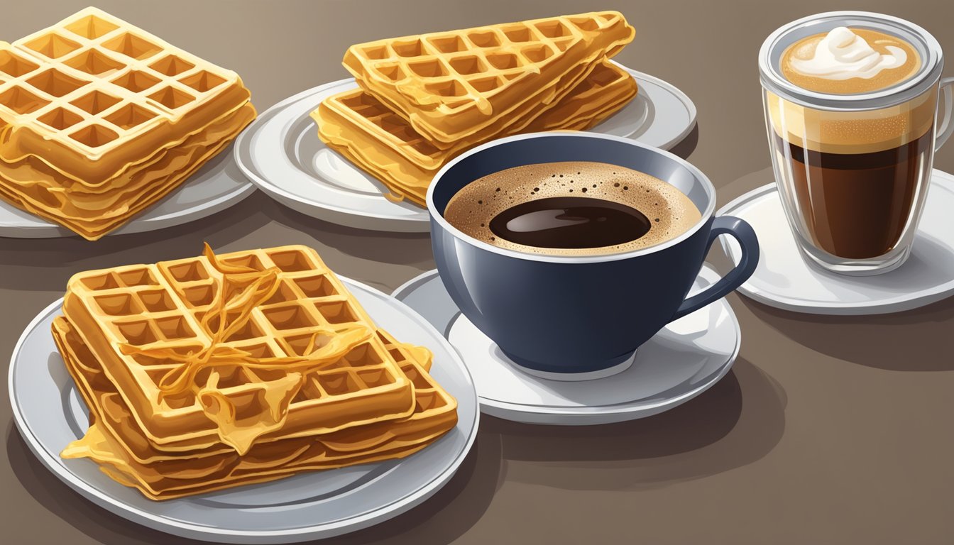 A crispy chicken waffle sandwiched between two golden waffles, with a side of syrup and a cup of coffee on a tray