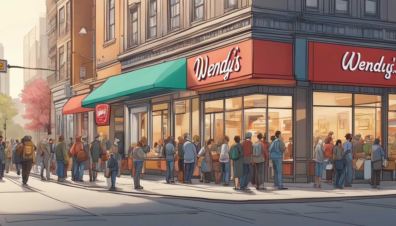 A bustling city street with a prominent Wendy's restaurant sign and a line of customers waiting for breakfast