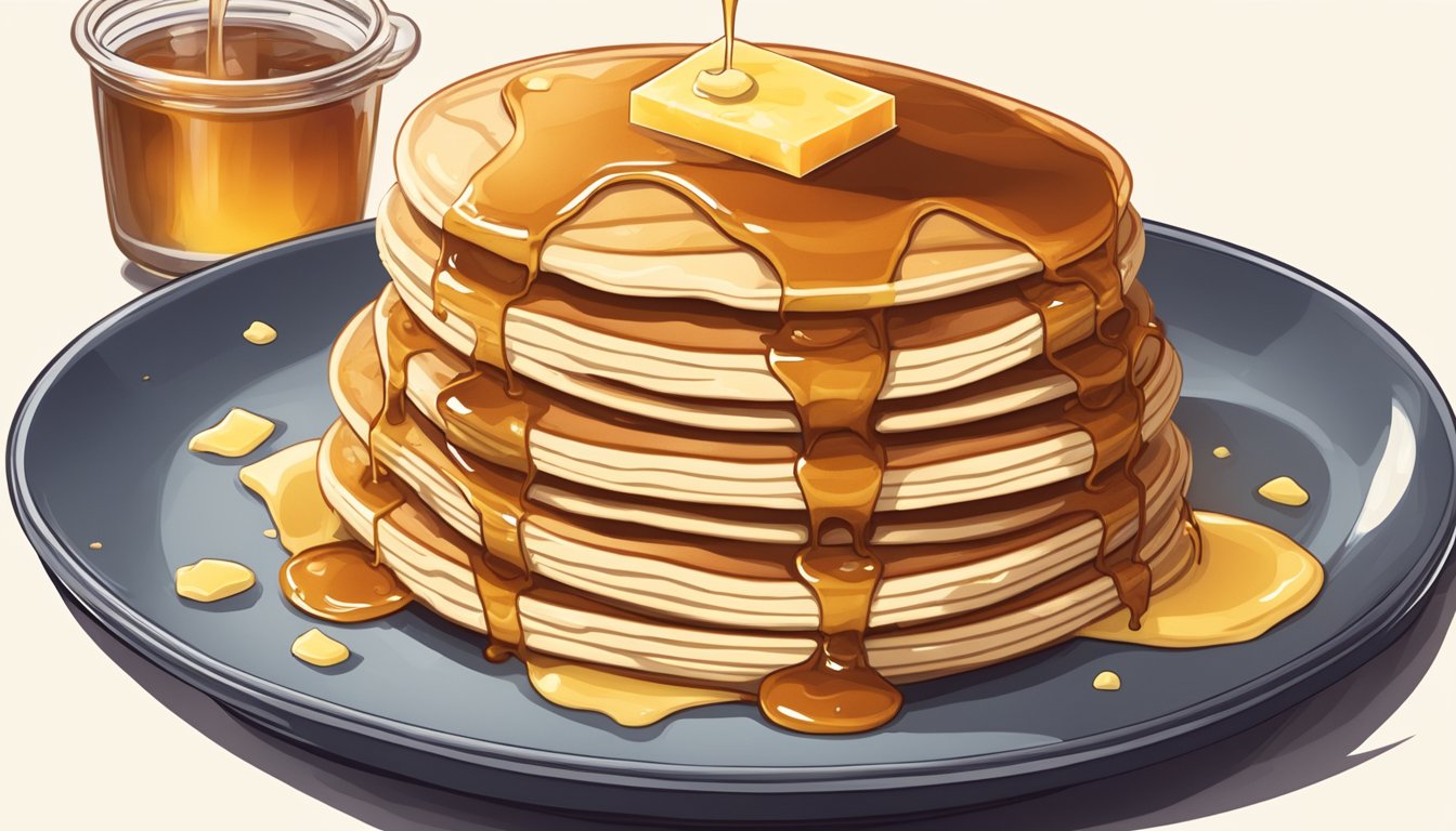 A stack of fluffy pancakes topped with gooey cheese and drizzled with sweet maple syrup, nestled on a plate