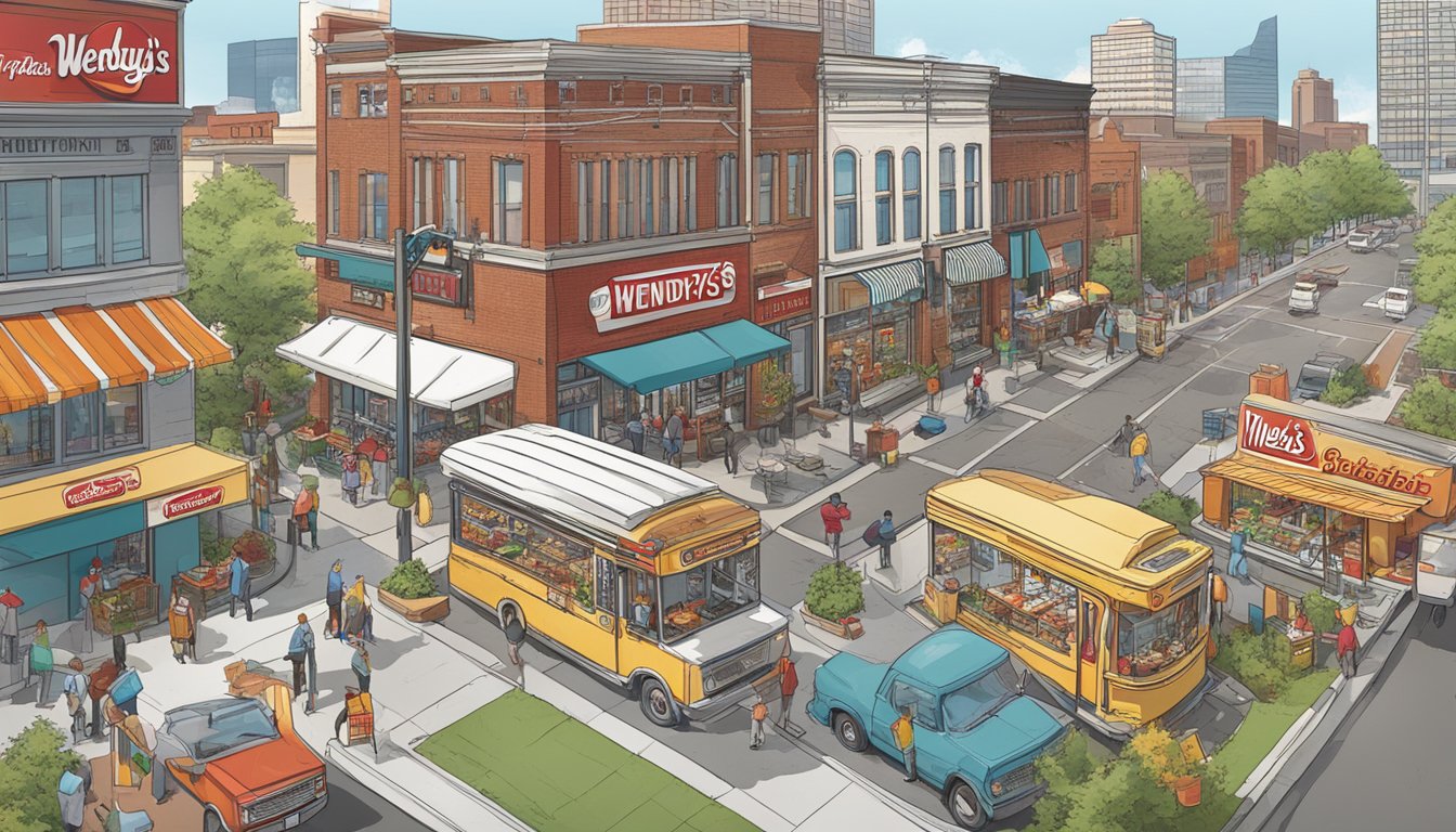 A bustling cityscape with Wendy's breakfast being enjoyed in various locations, indicating its popularity in Indianapolis, Indiana