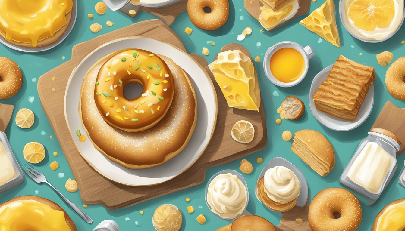 A golden-fried cheese donut oozing with honey butter, surrounded by whimsical breakfast items