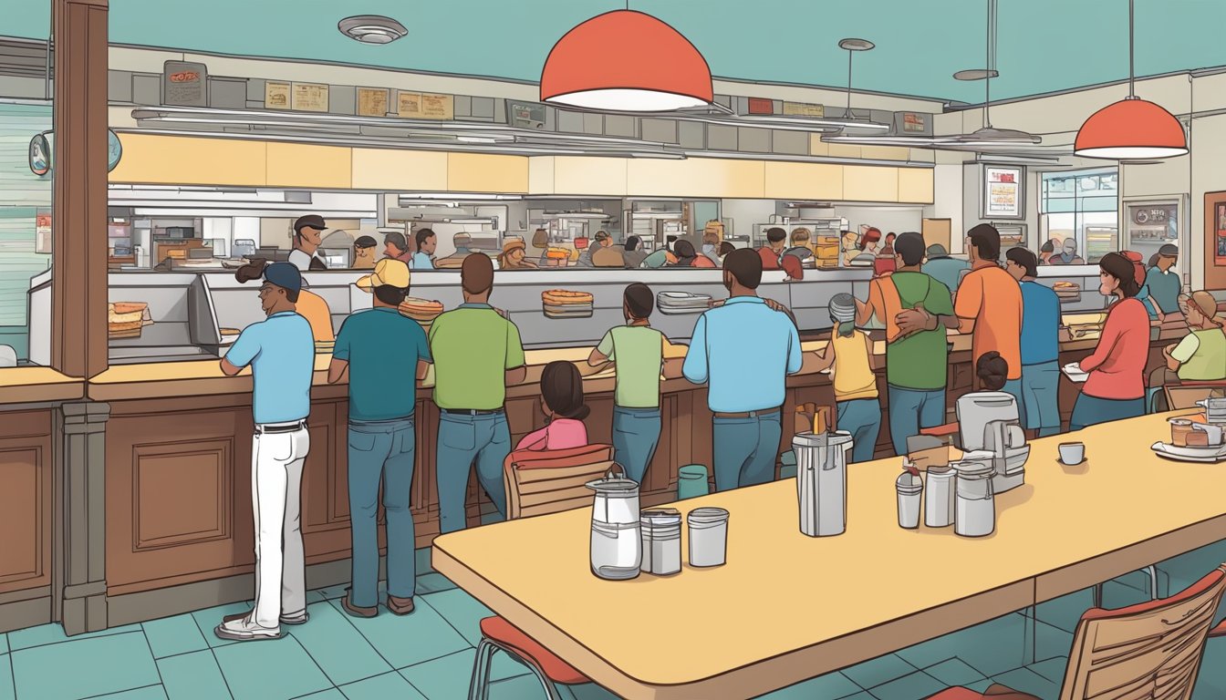 A bustling Wendy's restaurant in Tampa, Florida during breakfast hours, with a line of customers eagerly waiting to order their favorite morning meals