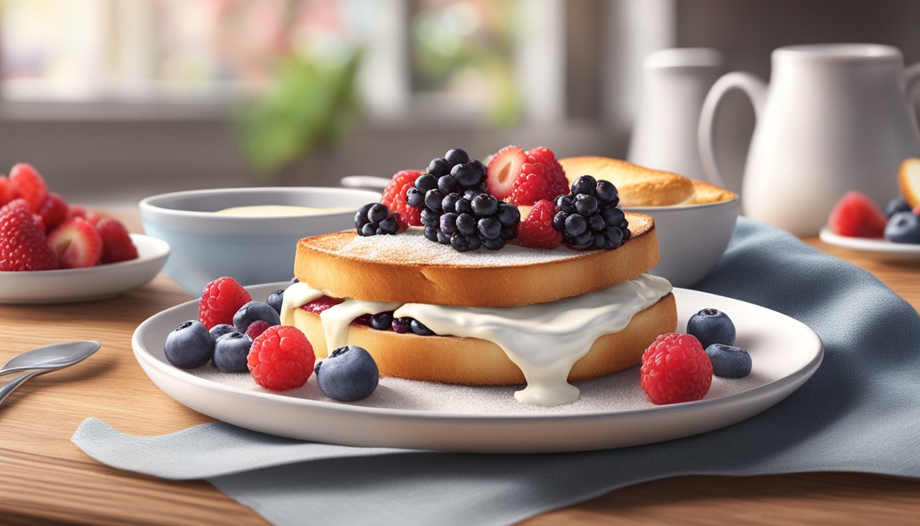 A plate with a warm, gooey Brie and berry melt on a toasted bread, surrounded by fresh berries and a sprinkle of powdered sugar