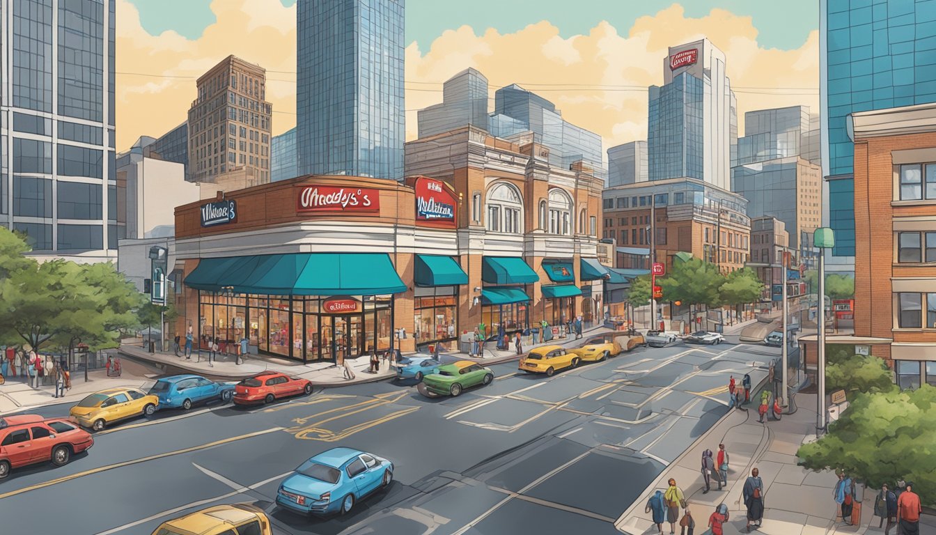 A bustling city scene with a Wendy's restaurant prominently featured, surrounded by tall buildings and busy streets in Charlotte, North Carolina