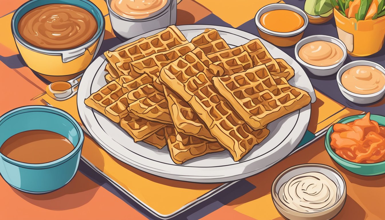 A plate of waffle sticks with a small bowl of sriracha dip on the side, set against a colorful backdrop of other breakfast items