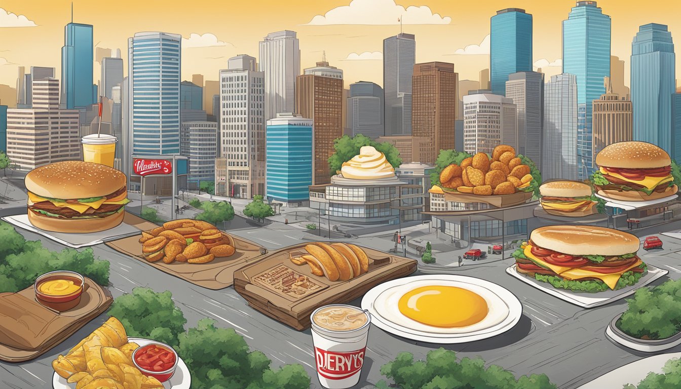 A bustling cityscape with Wendy's breakfast items featured prominently in 11 different locations across Houston, Texas