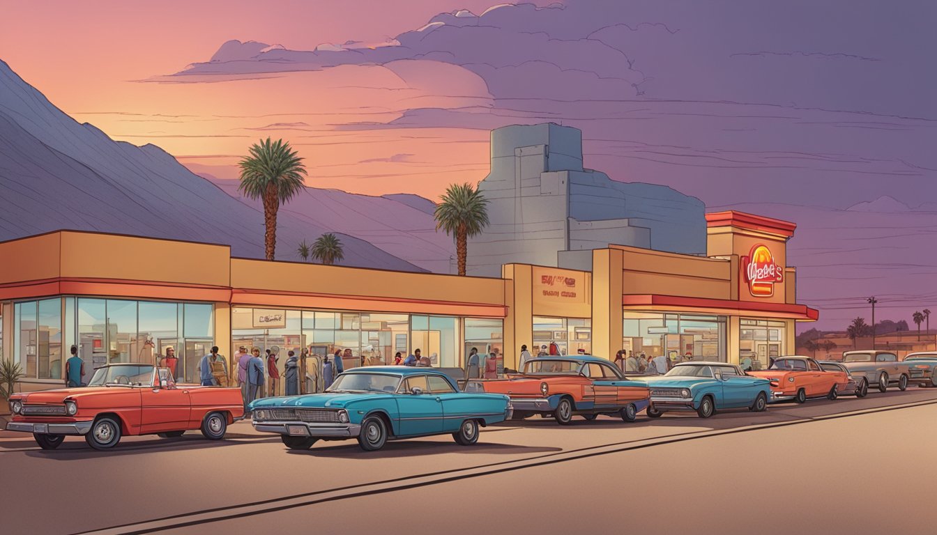 Early morning in Phoenix, Arizona, with a line of cars at a busy Wendy's drive-thru. The sun is rising over the desert landscape as people eagerly await their breakfast orders