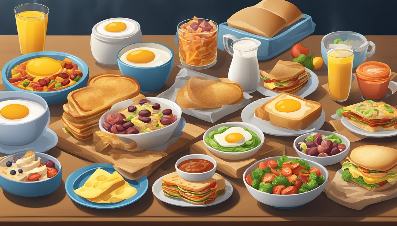 A colorful array of unique breakfast items arranged on a table, including sandwiches, wraps, and sides, with steam rising from freshly cooked items