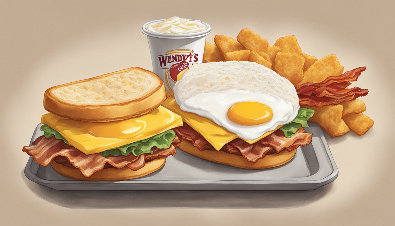 A golden biscuit sandwich with crispy bacon and a fluffy egg, surrounded by the iconic Wendy's logo and a nostalgic breakfast menu