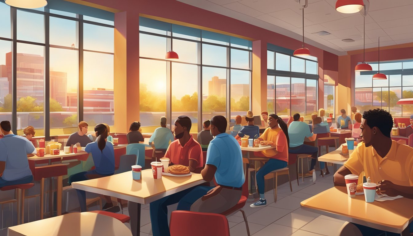 A bustling morning scene at a Wendy's restaurant in Orlando, Florida, with customers enjoying breakfast items as the sun rises over the city