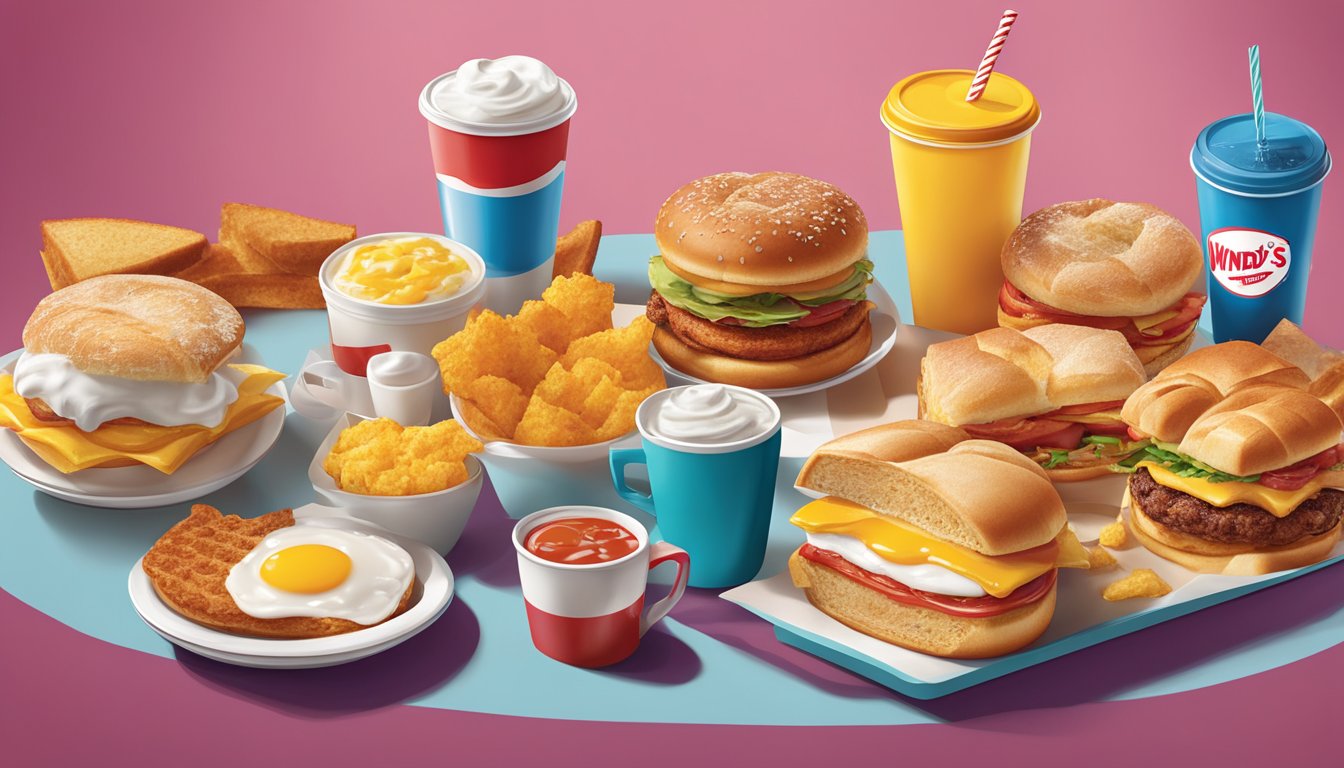 A colorful array of unique Wendy's breakfast items arranged in an artistic display, showcasing the creativity and variety of customizable options