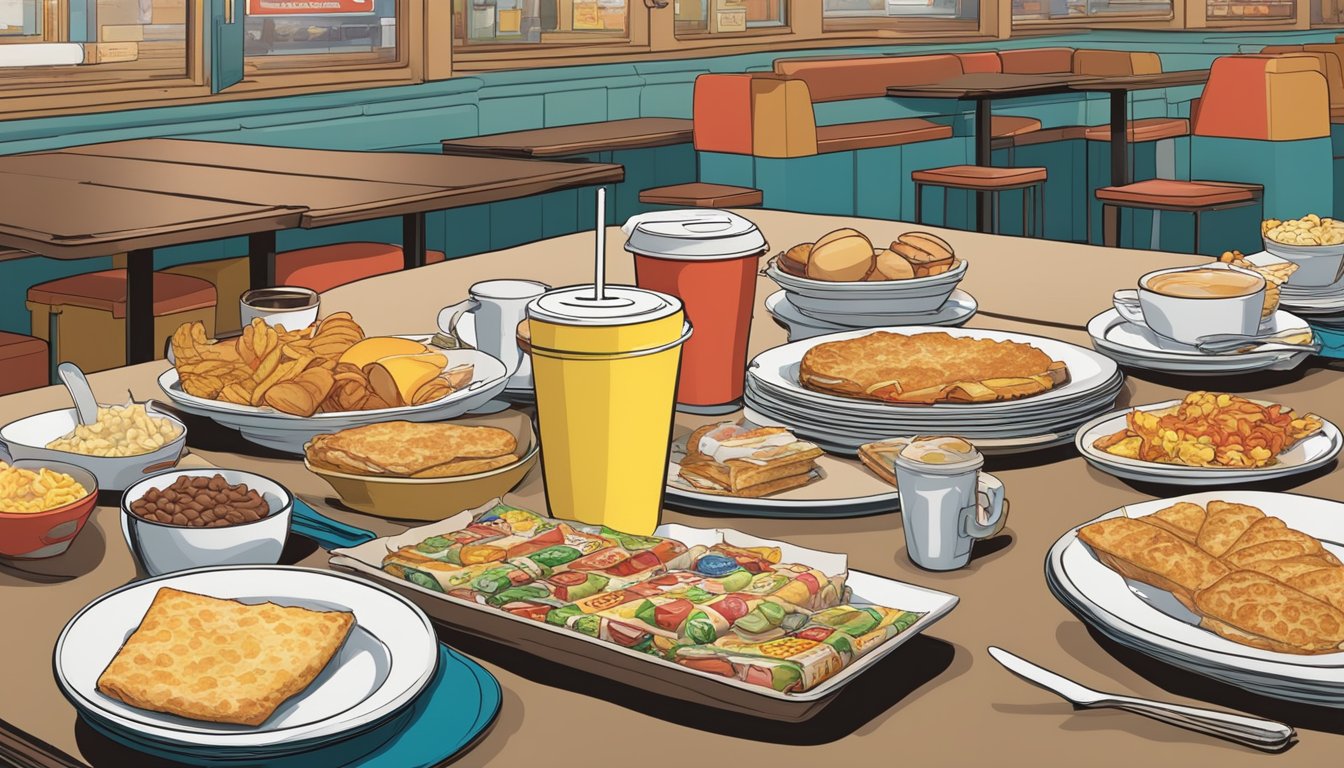 A table with empty plates and wrappers of discontinued Wendy's breakfast items, surrounded by nostalgic customers