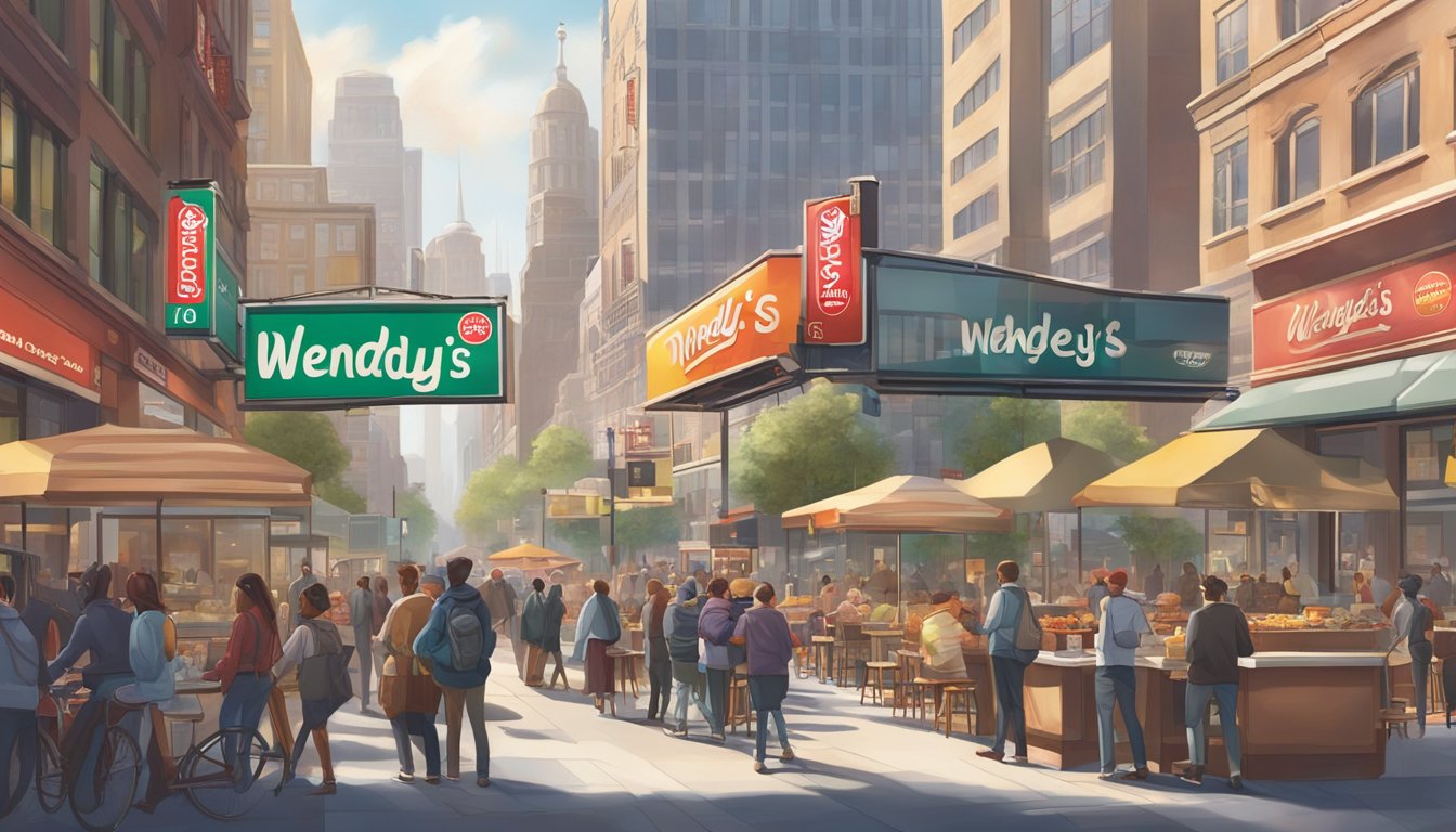 A bustling cityscape with Wendy's restaurant signs prominently displayed, surrounded by morning commuters and breakfast-goers