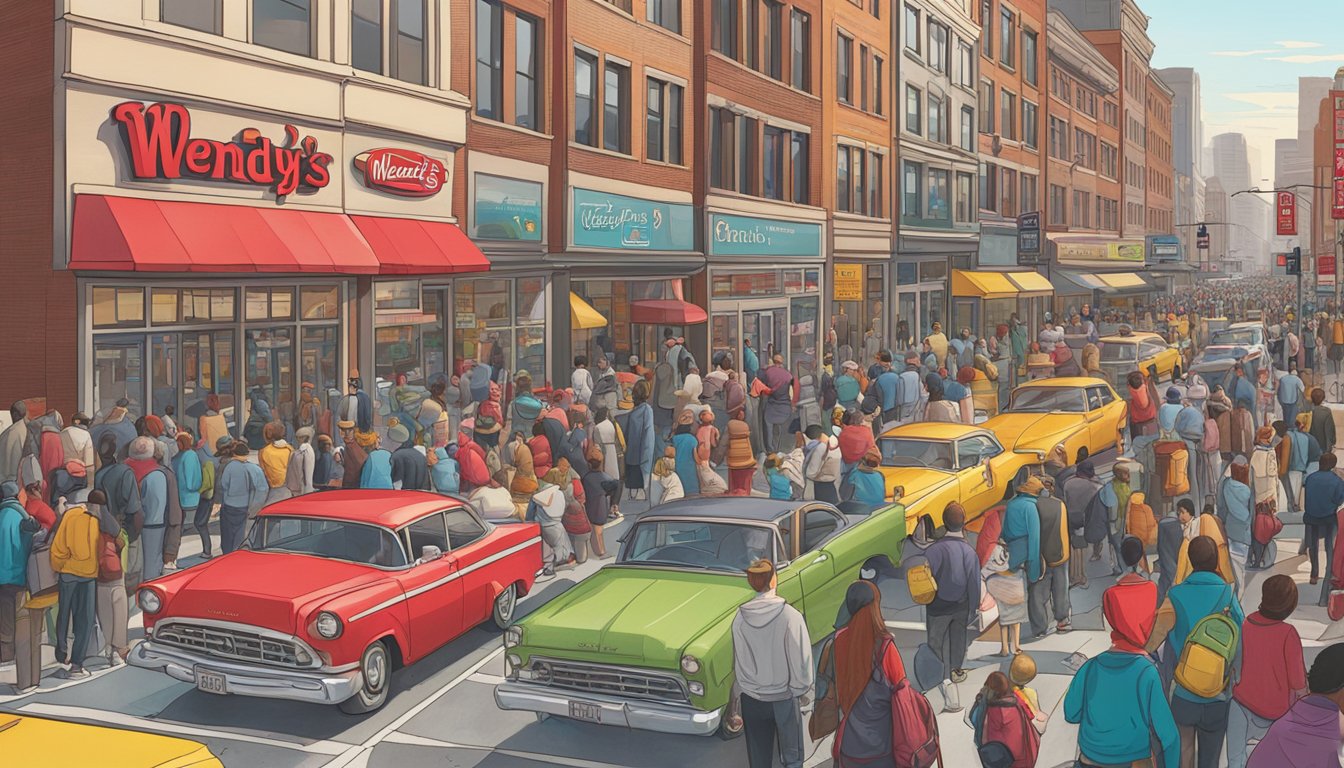 A bustling cityscape with iconic Wendy's restaurants and morning commuters lining up for breakfast