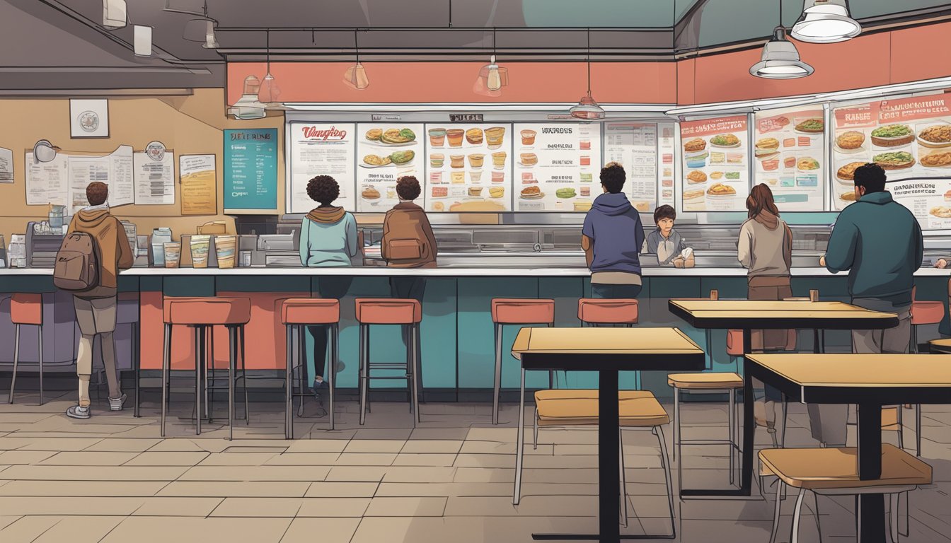 A table with empty wrappers and cups, a sad-looking Wendy's sign, and a group of disappointed customers looking at the menu board