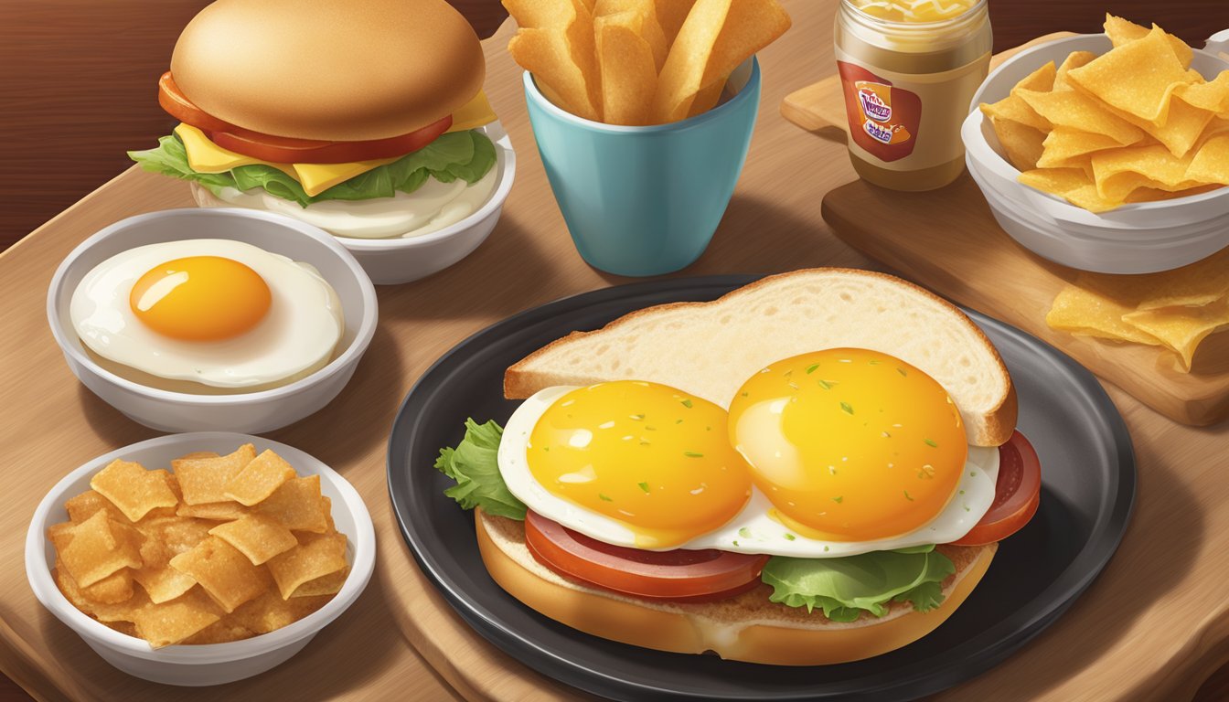 A sizzling egg sandwich is being assembled with fresh ingredients on a golden-brown bun, surrounded by a warm, inviting breakfast spread at Wendy's