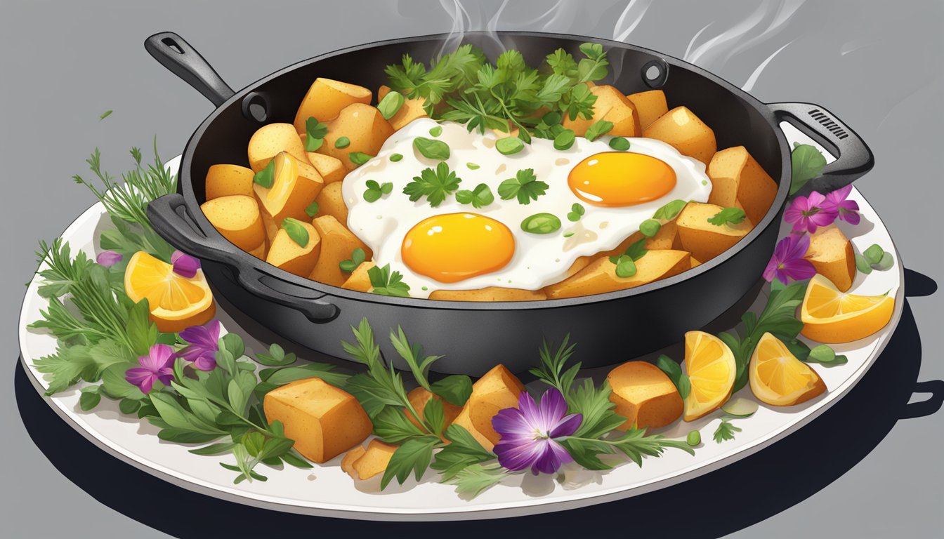 A sizzling skillet of golden-brown breakfast potatoes, steam rising, surrounded by vibrant garnishes and herbs