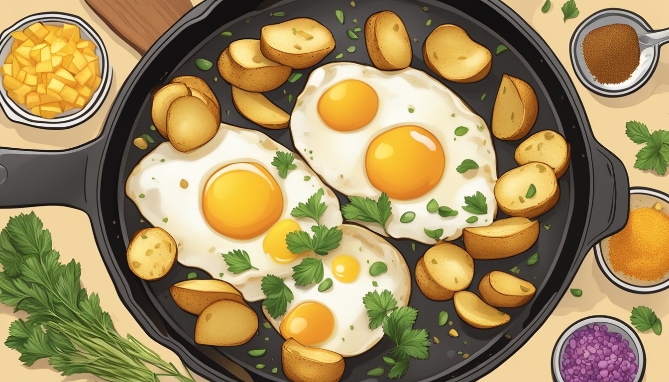 A sizzling skillet of golden breakfast potatoes with a unique seasoning blend, surrounded by eight visual representations of their superior qualities