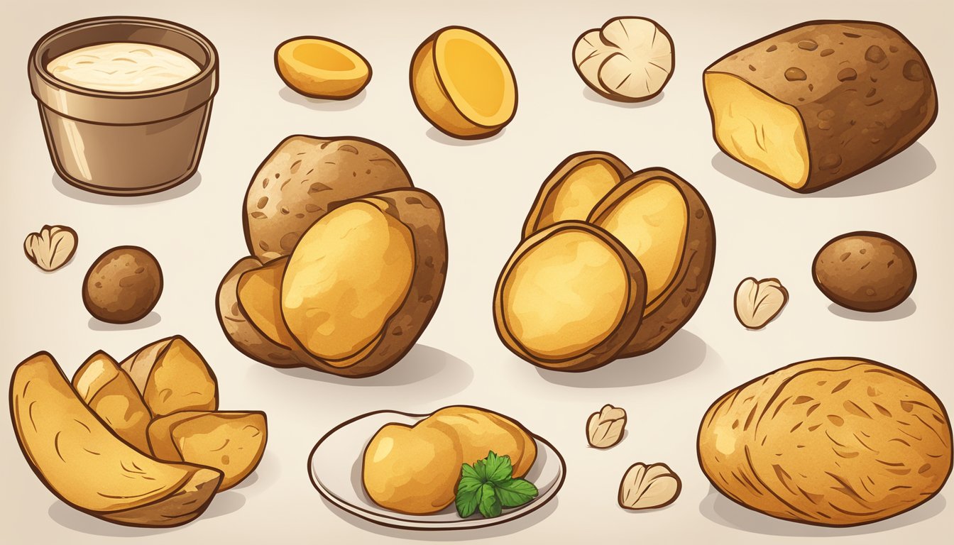 A close-up of a golden brown, crispy texture with 8 potato-themed icons surrounding it