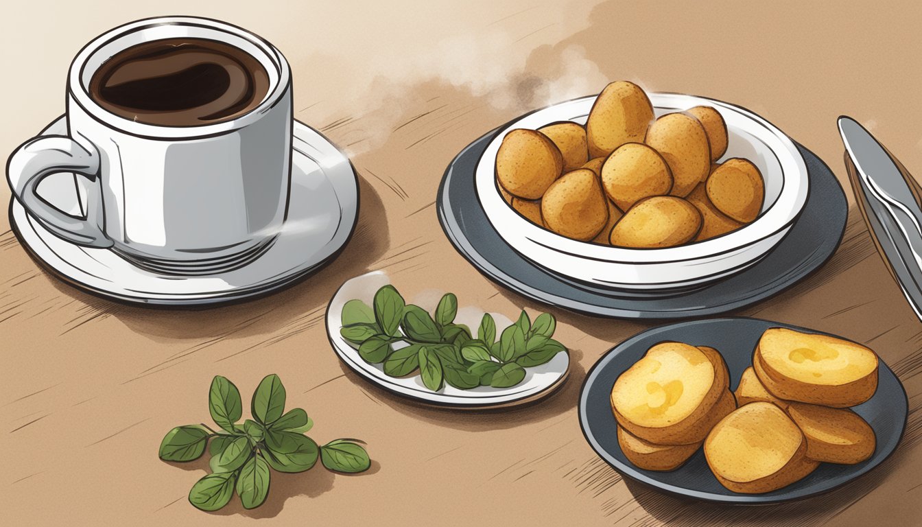 A steaming cup of coffee sits beside a plate of golden, crispy breakfast potatoes, accompanied by a list of 8 reasons why Wendy's breakfast potatoes are superior