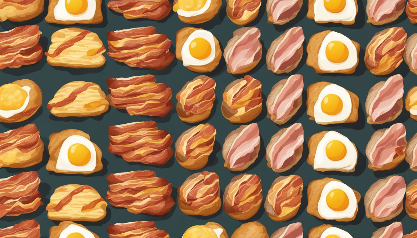 A colorful array of bacon, egg, and Swiss croissant variations, each arranged in a unique and appetizing display