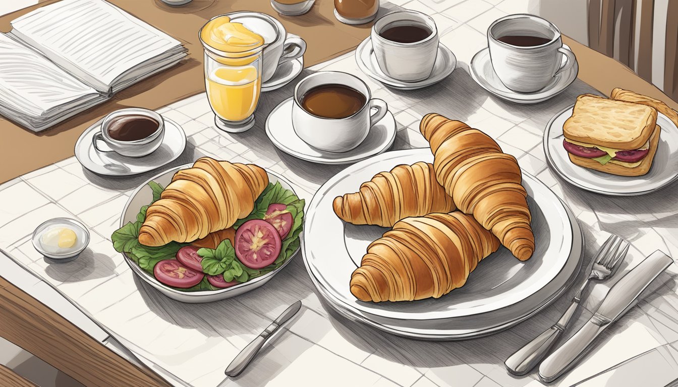 A buttery croissant with sausage, egg, and Swiss cheese, surrounded by a warm, inviting breakfast spread at a meeting table