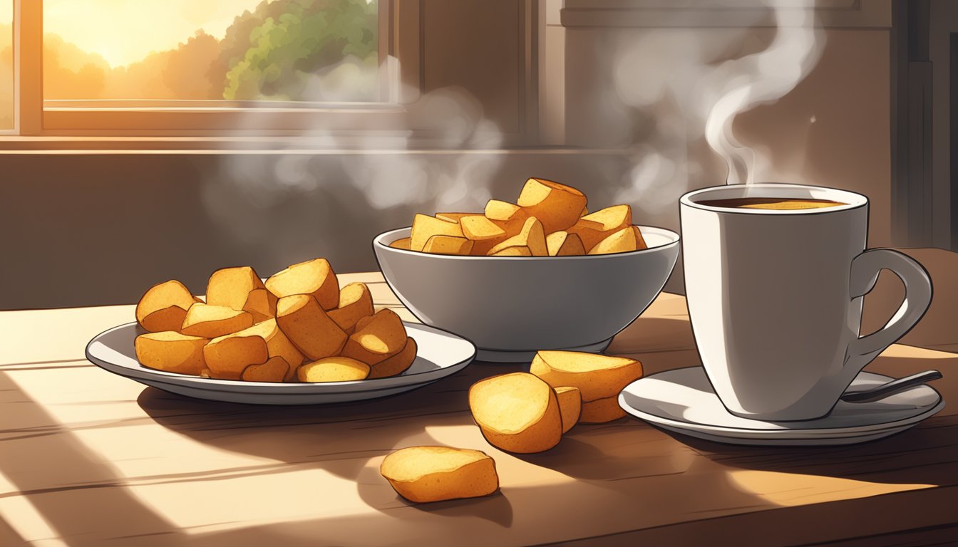 A golden-brown pile of crispy breakfast potatoes sits next to a steaming cup of coffee, with the morning sun casting a warm glow over the scene