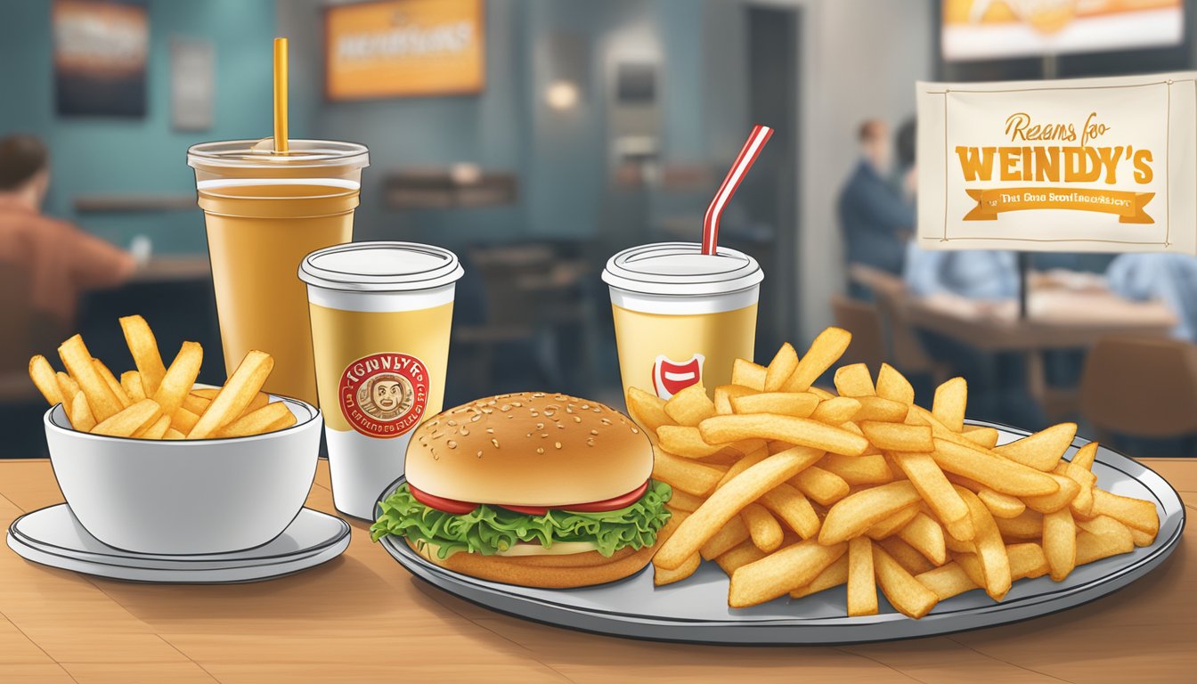 A table set with a tray of golden, crispy natural cut fries and a promotional banner listing "8 Reasons to Choose Wendy's for Your Next Breakfast Meeting."