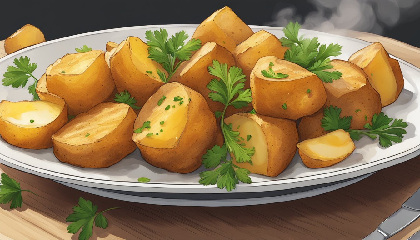 A golden-brown pile of crispy breakfast potatoes sits on a white porcelain plate, steam rising from their perfectly seasoned surface. A sprig of fresh parsley adds a pop of color to the mouth-watering scene