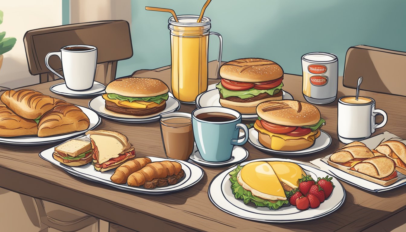 A table spread with a variety of breakfast items, including sandwiches, coffee, and pastries, with a banner reading "Quality Improvements: 10 Ways Wendy's Breakfast Has Changed Since Launch."